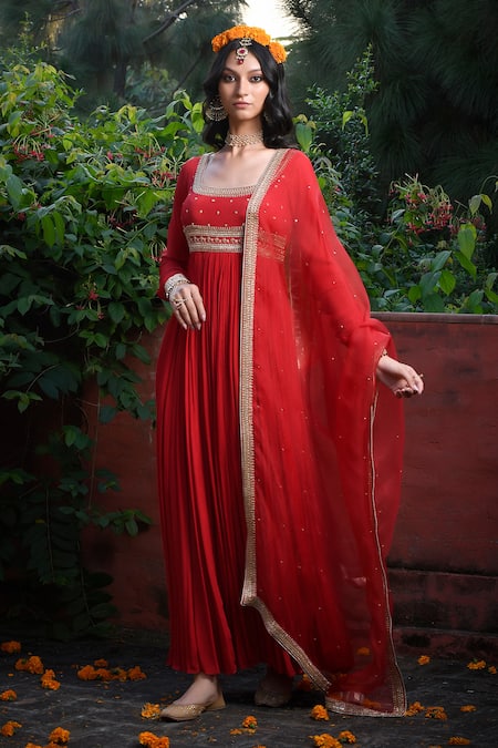 Mint Blush_Red Organza, Chiffon Sequins, Beads Floral Embroidered Anarkali With Dupatta _at_Aza_Fashions