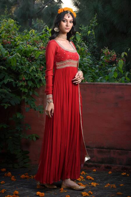 Buy_Mint Blush_Red Organza, Chiffon Sequins, Beads Floral Embroidered Anarkali With Dupatta 