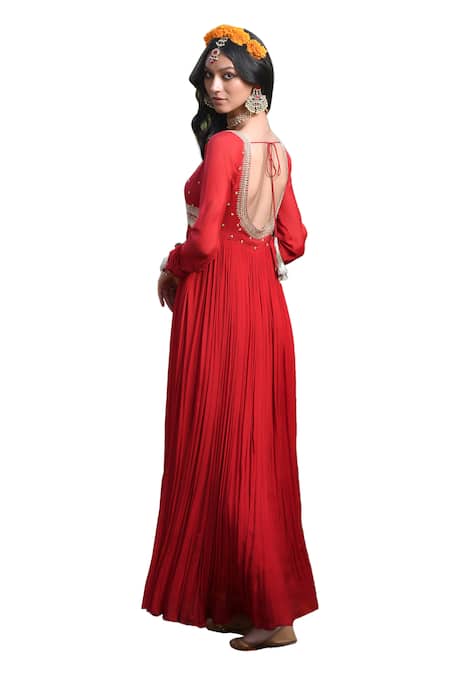 Shop_Mint Blush_Red Organza, Chiffon Sequins, Beads Floral Embroidered Anarkali With Dupatta 