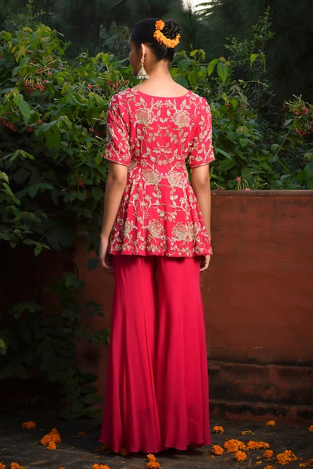 Mint Blush Vine Embroidered Peplum Jacket With Kalidar Pant 