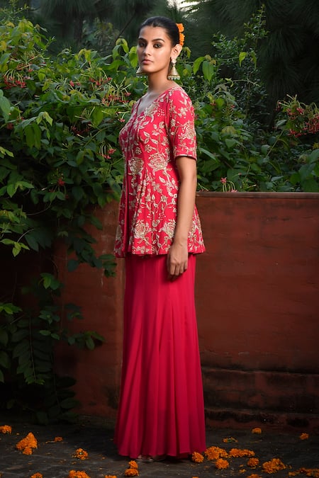 Mint Blush Pink Georgette Beads, Sequins Vine Embroidered Peplum Jacket With Kalidar Pant at Aza Fashions Mint Blush_Pink Georgette Beads, Sequins Vine Embroidered Peplum Jacket With Kalidar Pant _at_Aza_Fashions