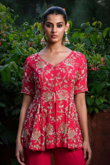 Shop Mint Blush Pink Georgette Beads, Sequins Vine Embroidered Peplum Jacket With Kalidar Pant Shop_Mint Blush_Pink Georgette Beads, Sequins Vine Embroidered Peplum Jacket With Kalidar Pant