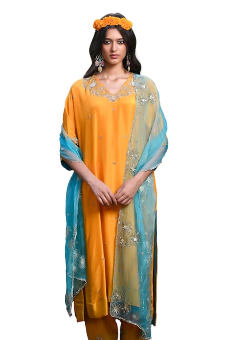 Shop_Mint Blush_Yellow Organza, Silk Sequins, Beads V-neck Floral Embroidered Kurta Salwar Set 