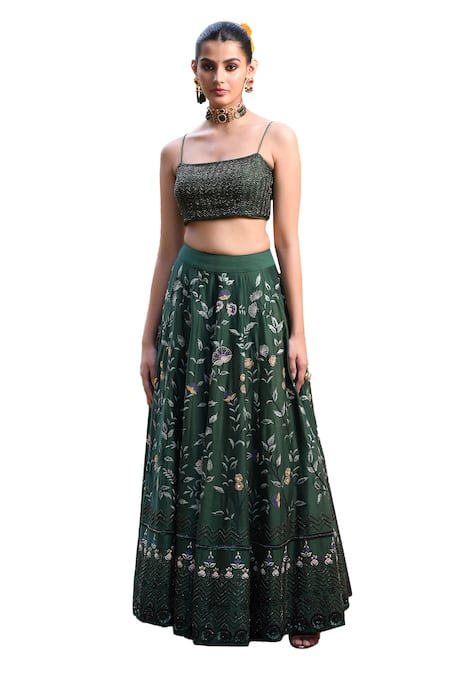 Mint Blush_Green Chanderi Silk, Organza Beads, Sequins Floral Jaal Embroidered Lehenga Set _Online_at_Aza_Fashions