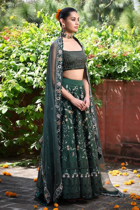 Shop_Mint Blush_Green Chanderi Silk, Organza Beads, Sequins Floral Jaal Embroidered Lehenga Set _Online_at_Aza_Fashions