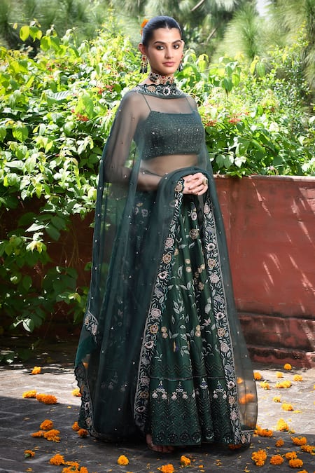 Mint Blush_Green Chanderi Silk, Organza Beads, Sequins Floral Jaal Embroidered Lehenga Set _at_Aza_Fashions