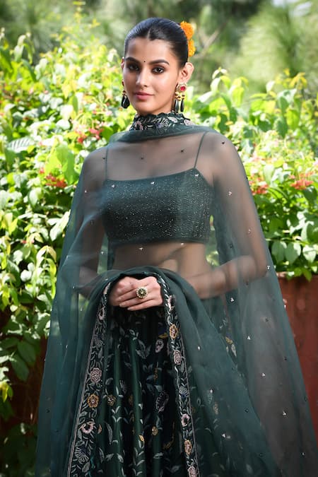 Buy_Mint Blush_Green Chanderi Silk, Organza Beads, Sequins Floral Jaal Embroidered Lehenga Set 