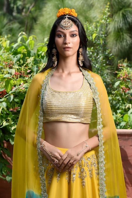 Mint Blush_Yellow Organza, Chanderi Silk Sequins, Floral Swirl Embroidered Lehenga Set _Online_at_Aza_Fashions