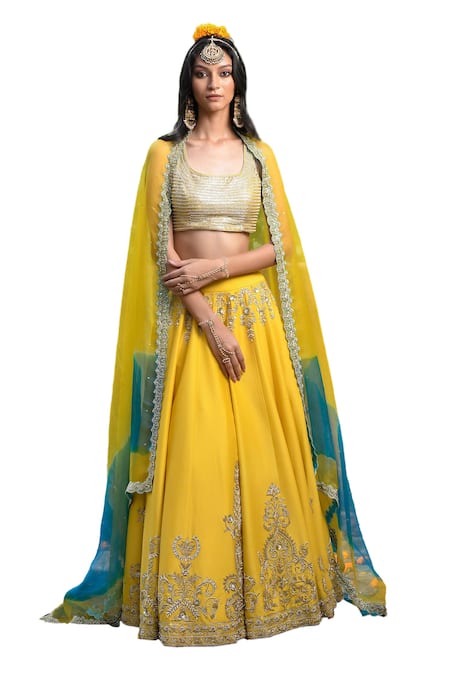 Mint Blush_Yellow Organza, Chanderi Silk Sequins, Floral Swirl Embroidered Lehenga Set _at_Aza_Fashions
