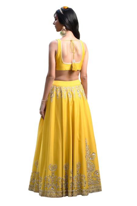 Shop_Mint Blush_Yellow Organza, Chanderi Silk Sequins, Floral Swirl Embroidered Lehenga Set 