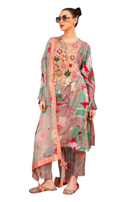 Soniya G Grey Silk, Cotton Beads, Mirrors, Embroidery Round Floral Print Kurta Pant Set Online at Aza Fashions Soniya G_Grey Silk, Cotton Beads, Mirrors, Embroidery Round Floral Print Kurta Pant Set _Online_at_Aza_Fashions