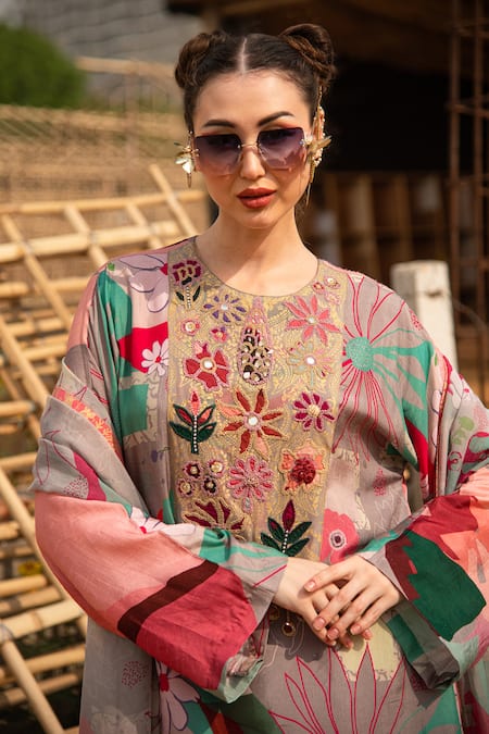 Shop Soniya G Grey Silk, Cotton Beads, Mirrors, Embroidery Round Floral Print Kurta Pant Set Online at Aza Fashions Shop_Soniya G_Grey Silk, Cotton Beads, Mirrors, Embroidery Round Floral Print Kurta Pant Set _Online_at_Aza_Fashions