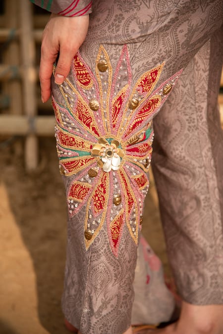 Soniya G Grey Silk, Cotton Beads, Mirrors, Embroidery Round Floral Print Kurta Pant Set at Aza Fashions Soniya G_Grey Silk, Cotton Beads, Mirrors, Embroidery Round Floral Print Kurta Pant Set _at_Aza_Fashions