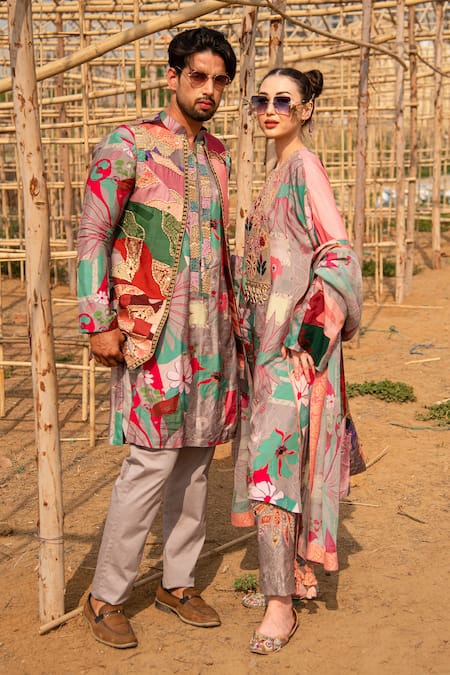 Buy Soniya G Grey Silk, Cotton Beads, Mirrors, Embroidery Round Floral Print Kurta Pant Set Buy_Soniya G_Grey Silk, Cotton Beads, Mirrors, Embroidery Round Floral Print Kurta Pant Set