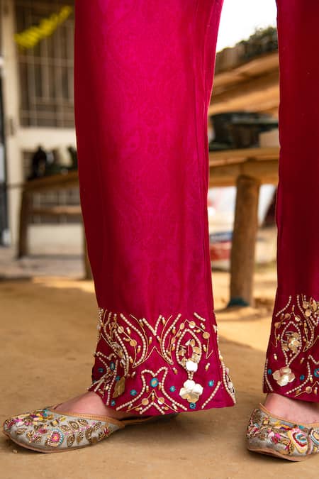 Soniya G_Magenta Chanderi, Silk, Cotton Beads, Abstract Print Embroidered Cape Pant Set _Online_at_Aza_Fashions