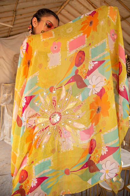 Soniya G_Yellow Silk, Cotton Beads, Embroidery V-neck Blouse And Box Pleat Printed Pant Set _Online_at_Aza_Fashions