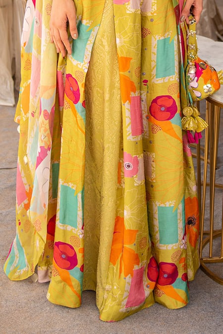 Buy_Soniya G_Yellow Silk, Cotton Beads, Embroidery V-neck Blouse And Box Pleat Printed Pant Set _Online_at_Aza_Fashions