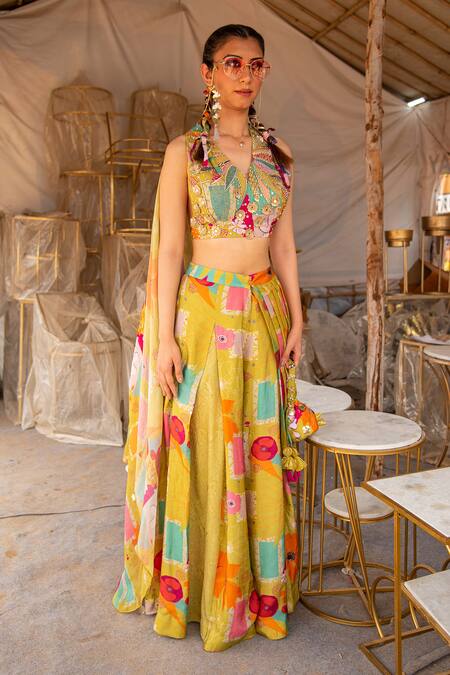 Shop_Soniya G_Yellow Silk, Cotton Beads, Embroidery V-neck Blouse And Box Pleat Printed Pant Set _Online_at_Aza_Fashions