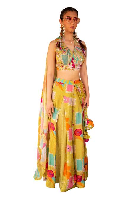 Soniya G_Yellow Silk, Cotton Beads, Embroidery V-neck Blouse And Box Pleat Printed Pant Set _at_Aza_Fashions
