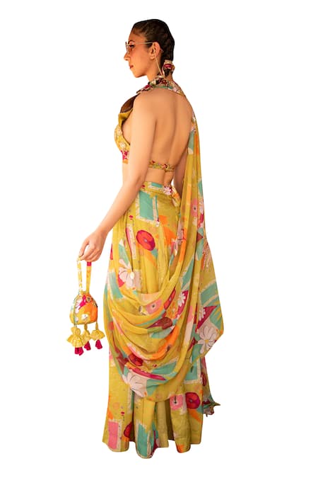 Buy_Soniya G_Yellow Silk, Cotton Beads, Embroidery V-neck Blouse And Box Pleat Printed Pant Set 
