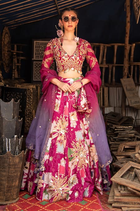 Buy Magenta Silk Blend Printed Floral V Neck Metal Work Lehenga Set For ...