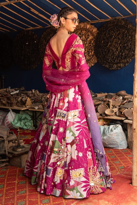 Soniya G Floral Print Metal Work Lehenga Set