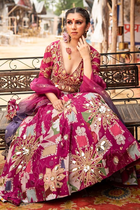 Soniya G_Magenta Silk, Cotton Embroidery, Beads, Floral Print Metal Work Lehenga Set _Online_at_Aza_Fashions