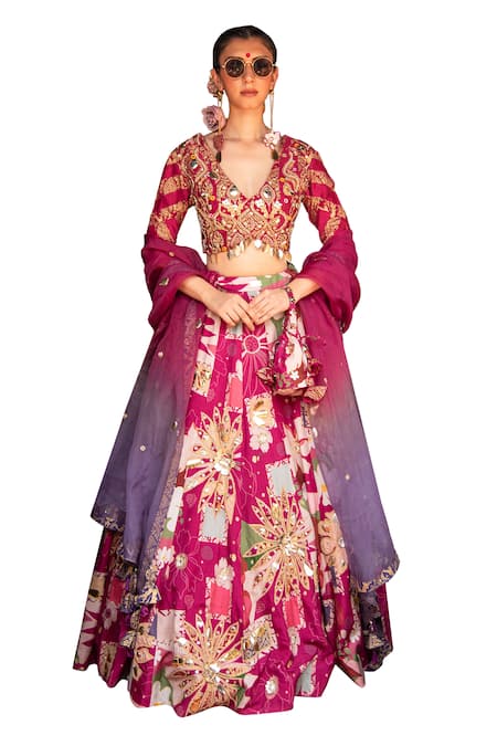 Buy_Soniya G_Magenta Silk, Cotton Embroidery, Beads, Floral Print Metal Work Lehenga Set _Online_at_Aza_Fashions