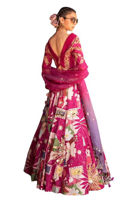 Shop_Soniya G_Magenta Silk, Cotton Embroidery, Beads, Floral Print Metal Work Lehenga Set _Online_at_Aza_Fashions