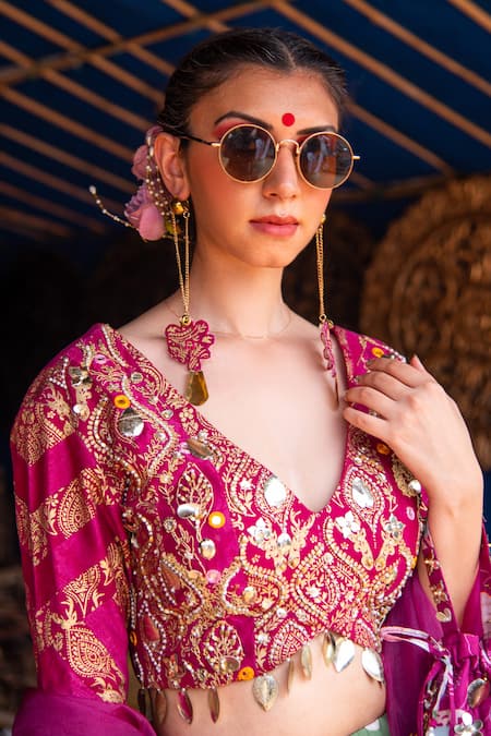 Soniya G_Magenta Silk, Cotton Embroidery, Beads, Floral Print Metal Work Lehenga Set _at_Aza_Fashions
