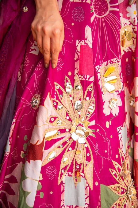 Buy_Soniya G_Magenta Silk, Cotton Embroidery, Beads, Floral Print Metal Work Lehenga Set 