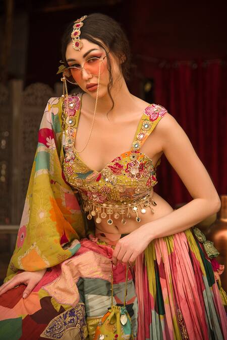 Soniya G_Yellow Silk, Cotton Mirrors, Beads, Abstract Print And Embroidered Lehenga Set _Online_at_Aza_Fashions