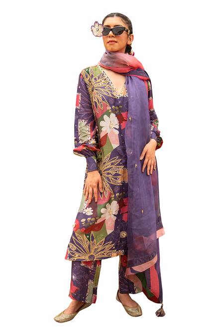 Soniya G_Purple Silk, Cotton Embroidery, Beads V-neck Printed Kurta Pant Set _Online_at_Aza_Fashions