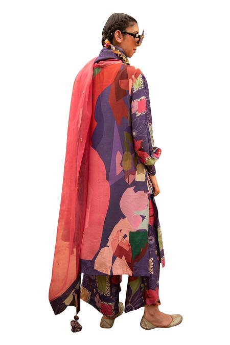 Buy_Soniya G_Purple Silk, Cotton Embroidery, Beads V-neck Printed Kurta Pant Set _Online_at_Aza_Fashions