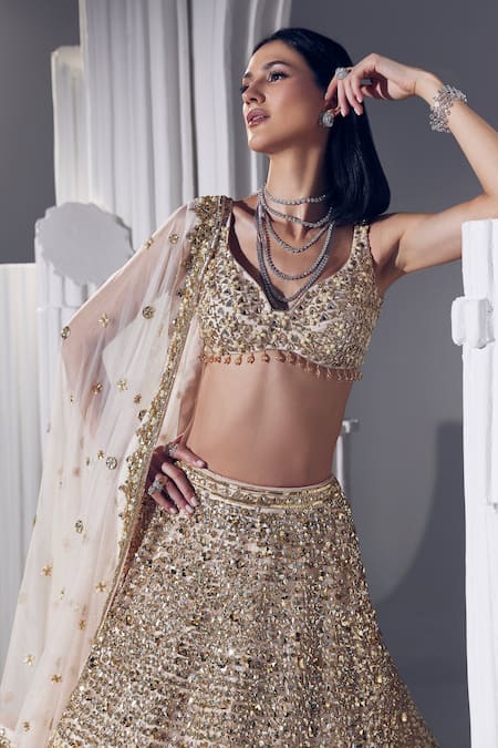 Ruchika Hurria_Peach Silk, Net Pearls, Sequins, Embroidery Sweetheart Neck Lehenga Set _Online_at_Aza_Fashions
