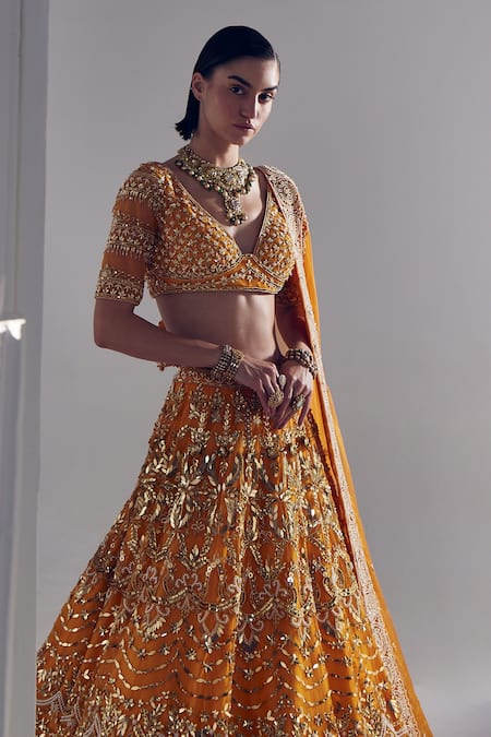 Buy_Ruchika Hurria_Orange Silk, Net Pearls, Sequins, Beads Plunge Neck Embroidered Lehenga Set _Online_at_Aza_Fashions