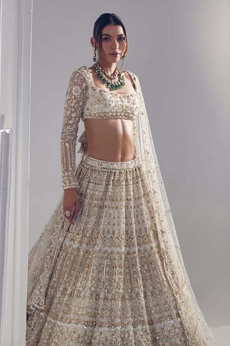 Buy_Ruchika Hurria_Ivory Silk, Net, Cotton Sequins, Pearls, Beads Thread Embroidered Lehenga Set _Online_at_Aza_Fashions