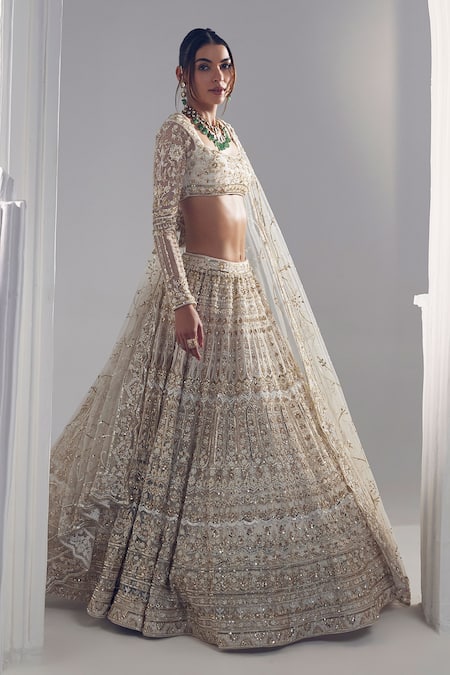 Shop_Ruchika Hurria_Ivory Silk, Net, Cotton Sequins, Pearls, Beads Thread Embroidered Lehenga Set _Online_at_Aza_Fashions