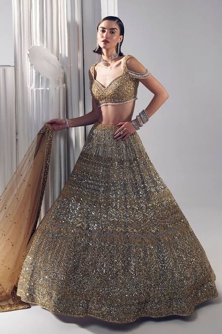 Buy_Ruchika Hurria_Gold Silk, Net, Cotton, Linen Sequins, Pearls, Embroidered Lehenga Blouse Set _Online_at_Aza_Fashions