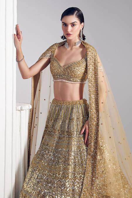 Shop_Ruchika Hurria_Gold Silk, Net, Cotton, Linen Sequins, Pearls, Embroidered Lehenga Blouse Set _Online_at_Aza_Fashions