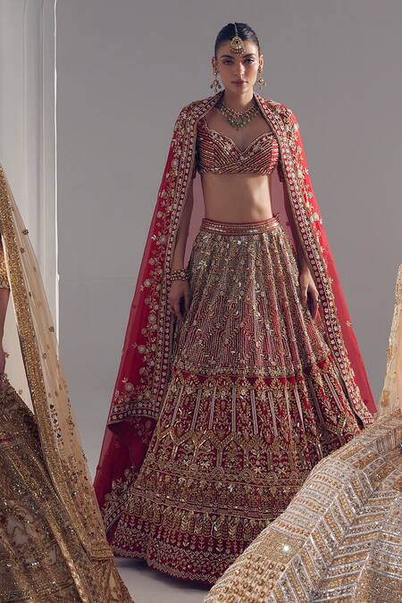Buy Ruchika Hurria Red Silk, Net, Cotton Pearls, Sequins, Bows, Embroidery Bridal Lehenga Set Online at Aza Fashions Buy_Ruchika Hurria_Red Silk, Net, Cotton Pearls, Sequins, Bows, Embroidery Bridal Lehenga Set _Online_at_Aza_Fashions