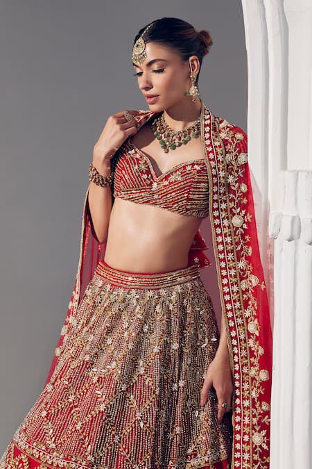 Shop Ruchika Hurria Red Silk, Net, Cotton Pearls, Sequins, Bows, Embroidery Bridal Lehenga Set Online at Aza Fashions Shop_Ruchika Hurria_Red Silk, Net, Cotton Pearls, Sequins, Bows, Embroidery Bridal Lehenga Set _Online_at_Aza_Fashions