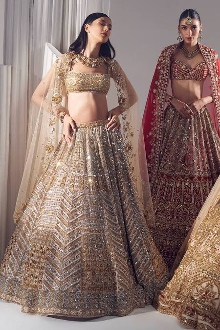 Buy_Ruchika Hurria_Gold Silk, Net Beads, Sequins, Stones Swarovski Embroidered Lehenga Blouse Set _Online_at_Aza_Fashions