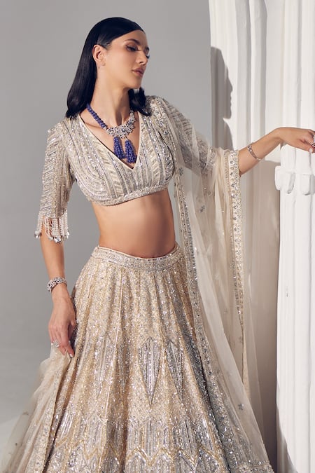 Ruchika Hurria_Ivory Silk, Net, Linen Sequins, Beads, Tassels, Smocking Embroidered Lehenga Set _Online_at_Aza_Fashions