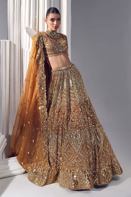 Buy_Ruchika Hurria_Gold Silk, Linen, Net Tassels, Beads, Embroidered Lehenga Set With Dupatta _Online_at_Aza_Fashions