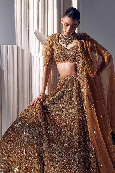 Shop_Ruchika Hurria_Gold Silk, Linen, Net Tassels, Beads, Embroidered Lehenga Set With Dupatta _Online_at_Aza_Fashions