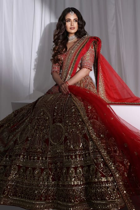 Ruchika Hurria Red Net Embroidered Sequin Plunge Zardozi Bridal Lehenga Set 