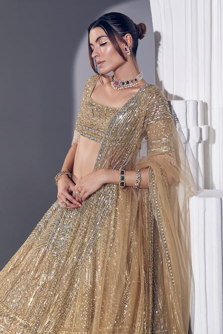 Shop_Ruchika Hurria_Gold Silk, Net, Cotton Sequins, Stones, Smocking Crystal Embroidered Lehenga Set _Online_at_Aza_Fashions