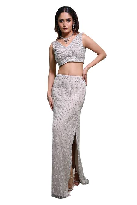 Richa Jaisinghani Label_Grey Silk, Tulle Beads, Stones V-neck Cosmic And Embroidered Bustier With Skirt _Online_at_Aza_Fashions