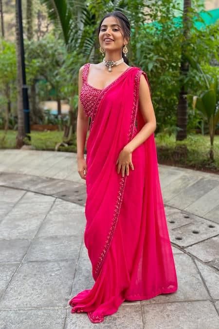 Richa Jaisinghani Label Pink Georgette Fleur Border Embellished Pre-draped Saree With Blouse  